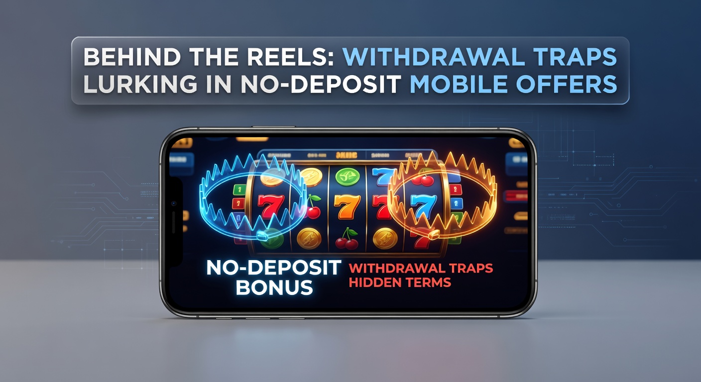 Mobile phone screen displaying a no-deposit casino bonus offer with spinning reels and fine print highlighted