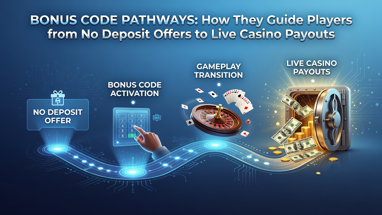 Diagram showing the progression from no-deposit bonus codes through wagering stages to live casino payouts