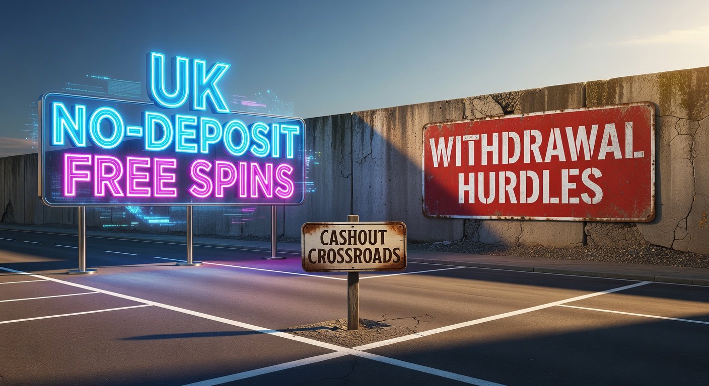 Illustration of a UK casino player standing at a crossroads, one path lined with spinning slots and free spin icons, the other blocked by barriers like locks, paperwork, and clocks representing withdrawal challenges