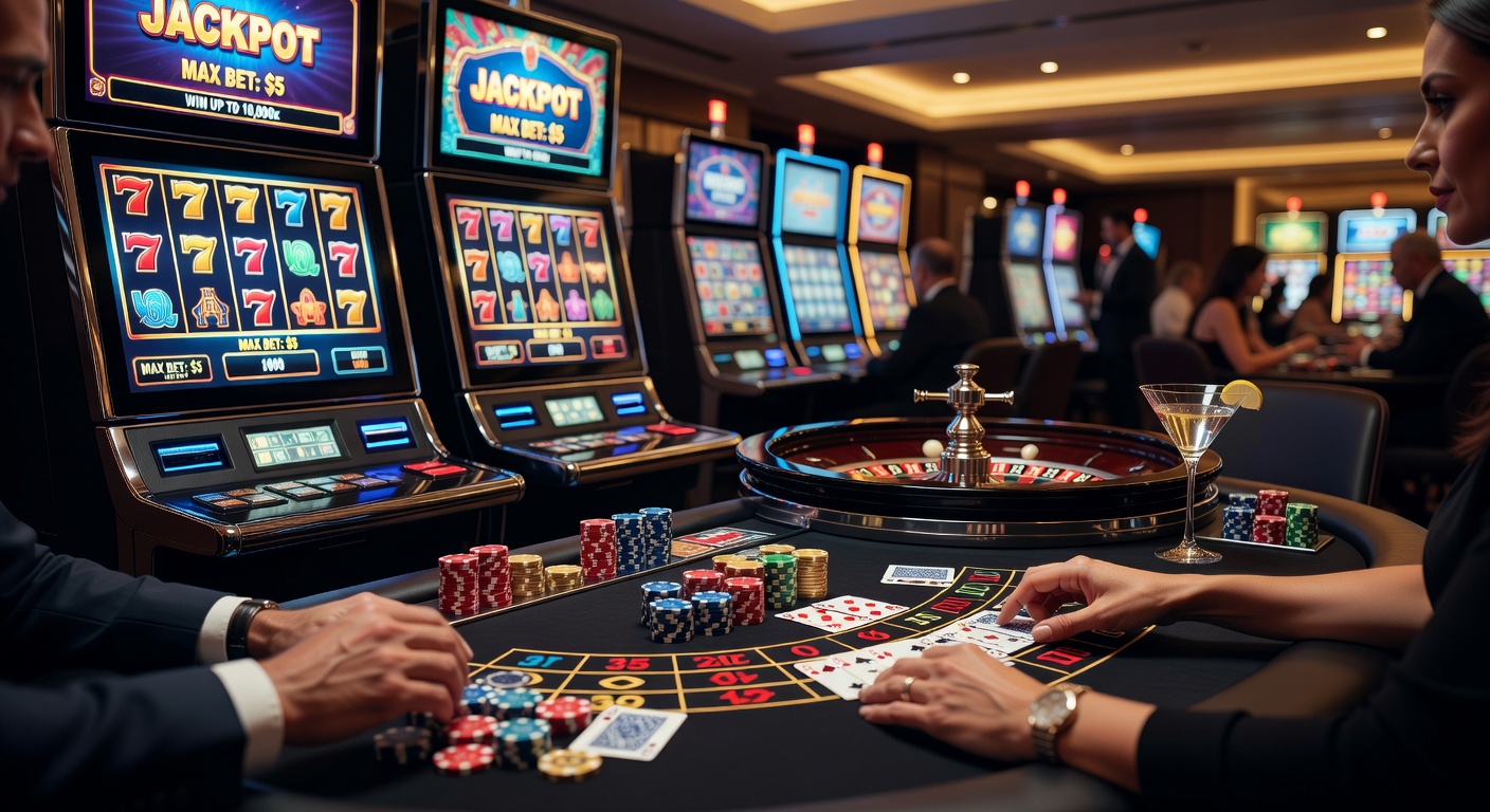 Vibrant casino floor with roulette wheels, slot machines, and card tables buzzing with activity
