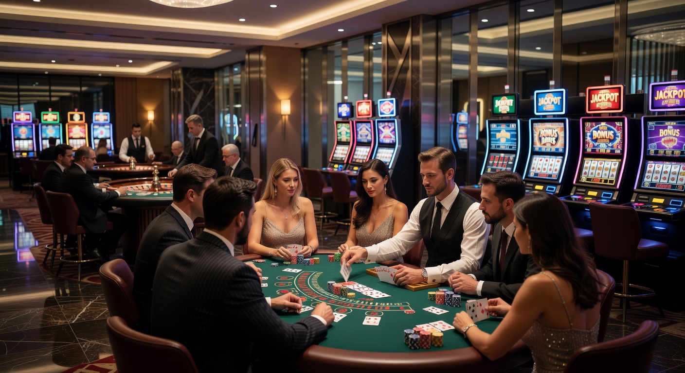 Close-up of a blackjack table with cards fanned out, chips stacked high, and players deep in concentration
