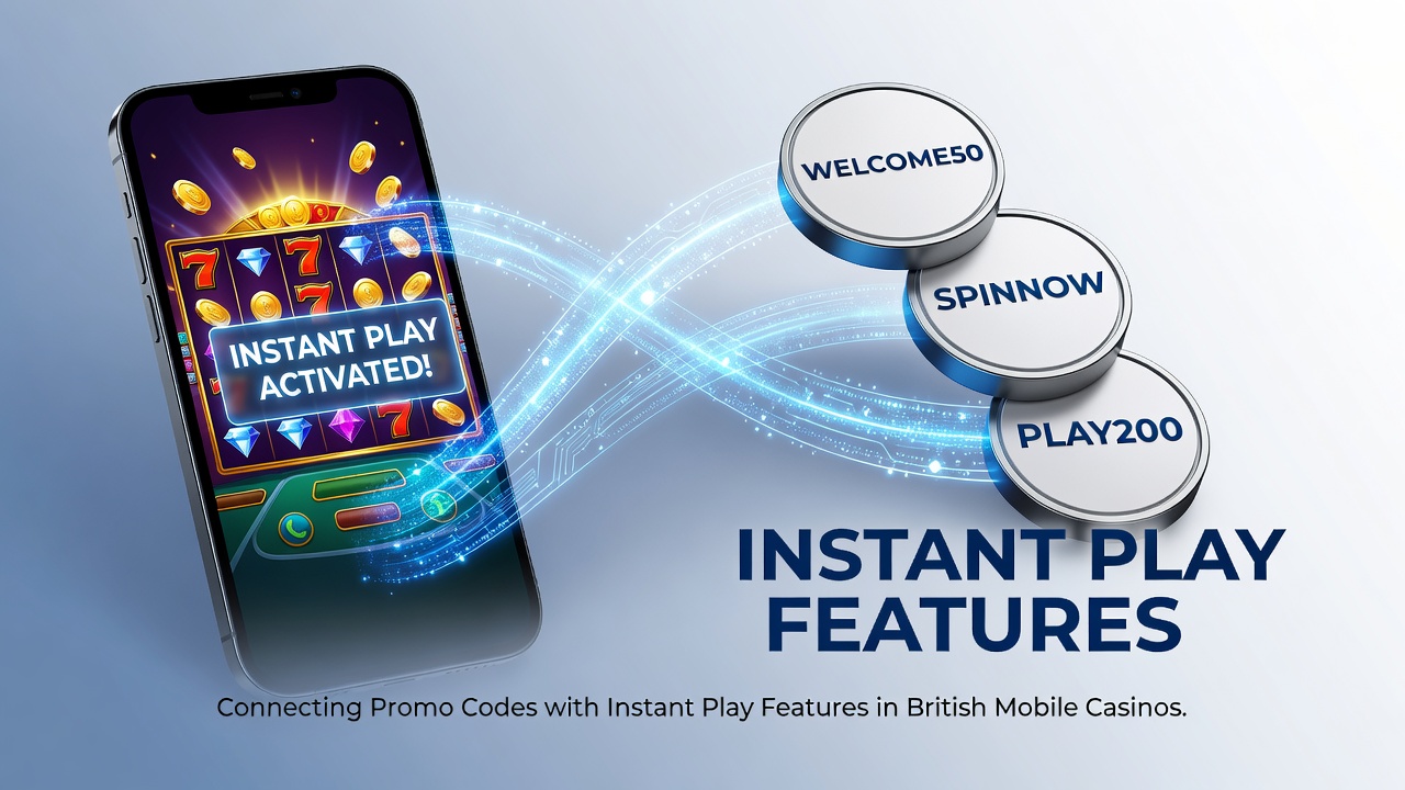 Mobile casino interface showing promo code entry and instant play button on a smartphone screen