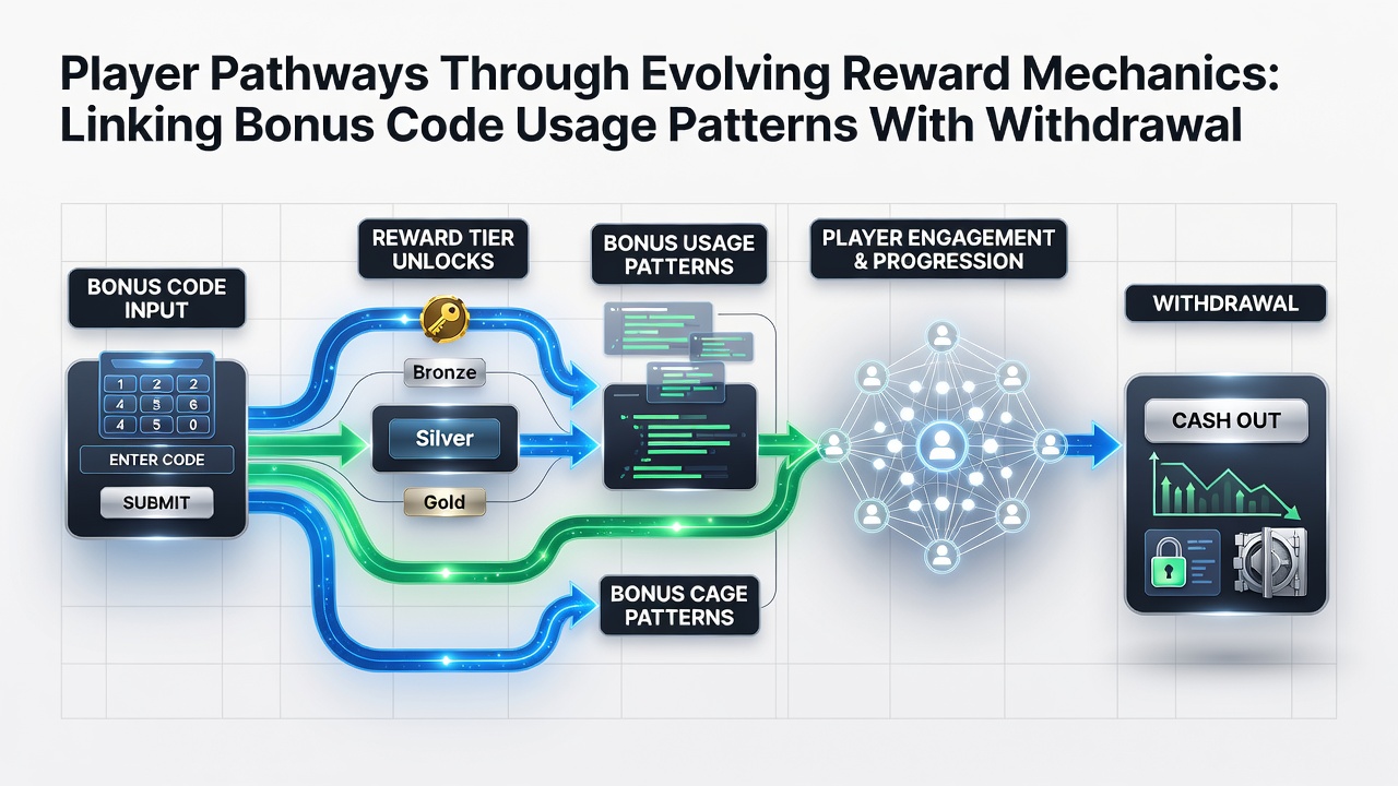 Diagram depicting data flows between bonus code entries and regional withdrawal processing timelines
