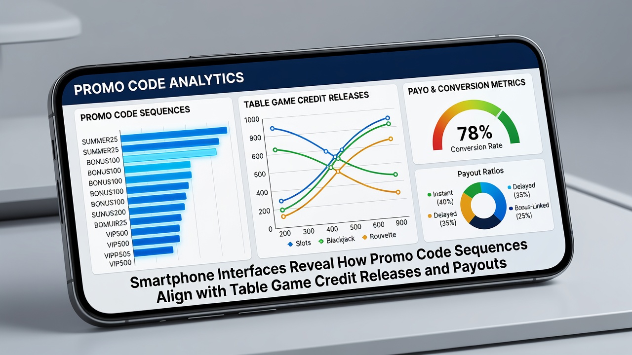 Close-up of casino app dashboard showing aligned promo code status, credit release markers, and payout timeline indicators