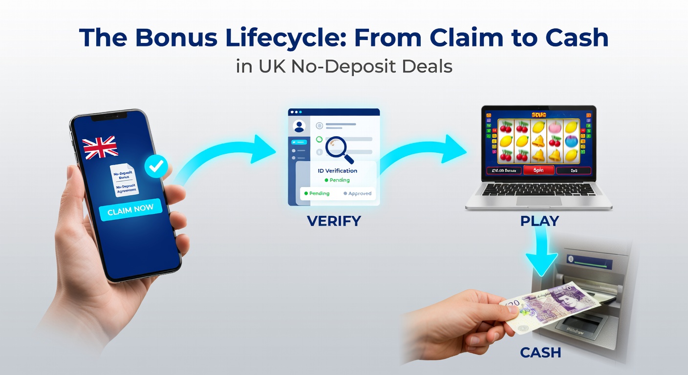 Illustration of a player navigating through stages of claiming a no-deposit bonus, from signup to cash withdrawal in a vibrant casino interface