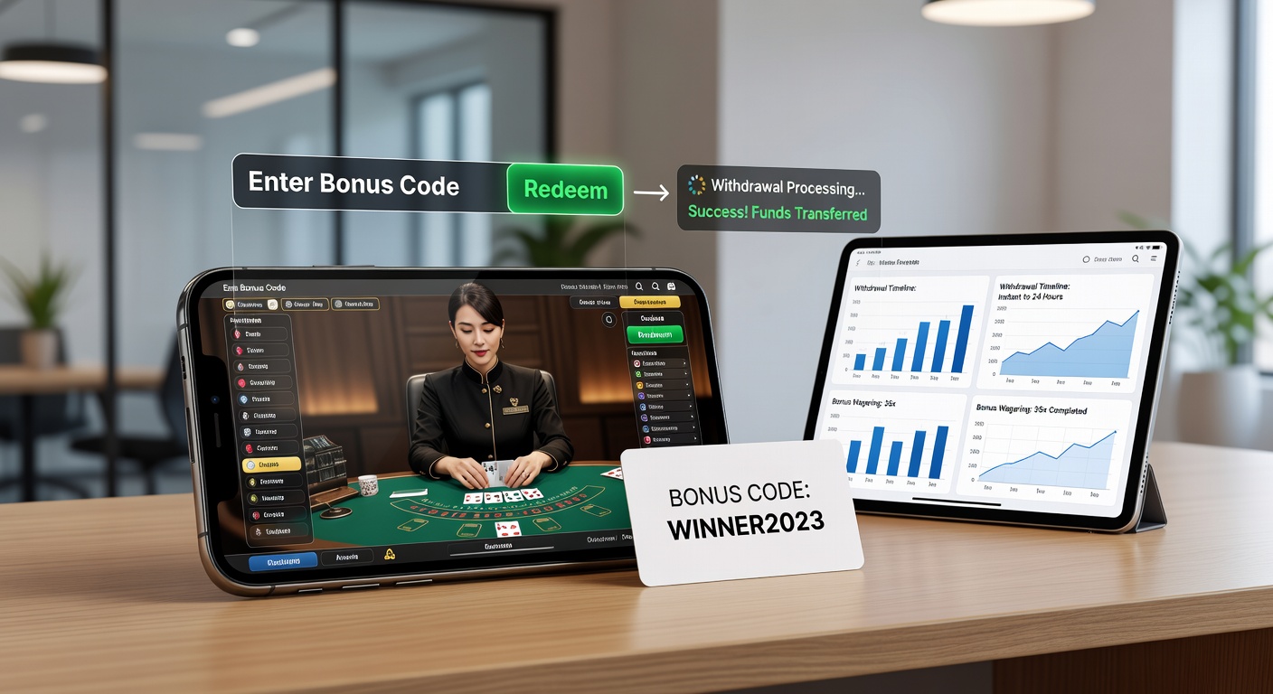 Mobile device displaying live dealer casino interface with bonus code entry screen